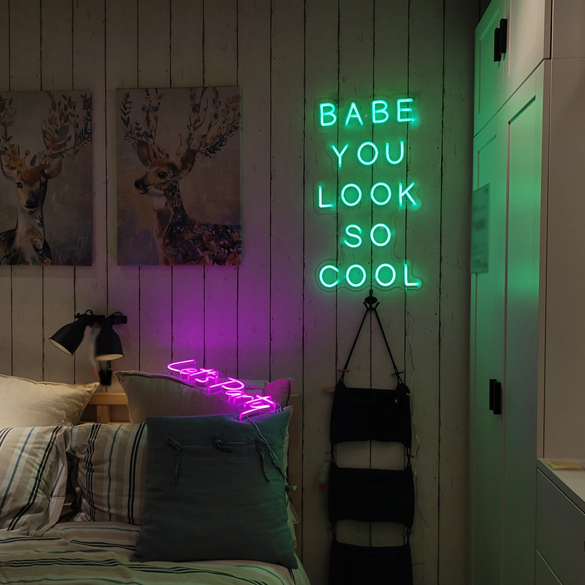 inside a girl room, cyberpunk vibe, neon glowing