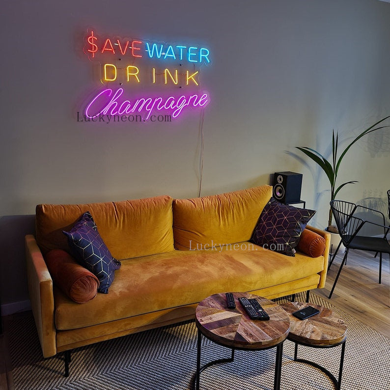 Save Water Drink Champagne Neon Sign Neon Bar Sign For Wedding 
