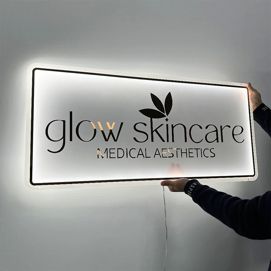 Acrylic Backlit Sign - Rectangle Acrylic Sign With Gold Logo Gold Mirror Letter