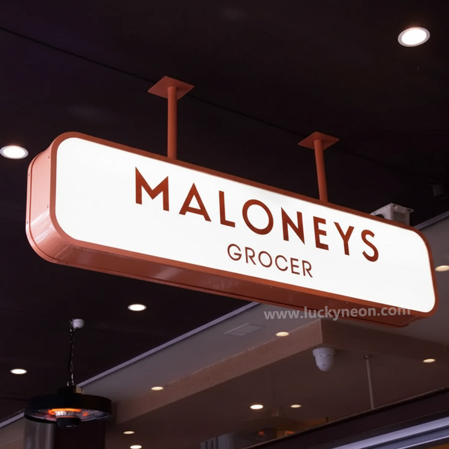 Custom LED Ceiling Hanging Metal Lightbox Sign for Storefront Display