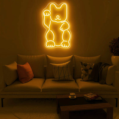 Maneki Neko Neon Sign, Lucky Cat Neon Signs for Business Custom Fortune Cat Led Sign for Bar, Cafe, 