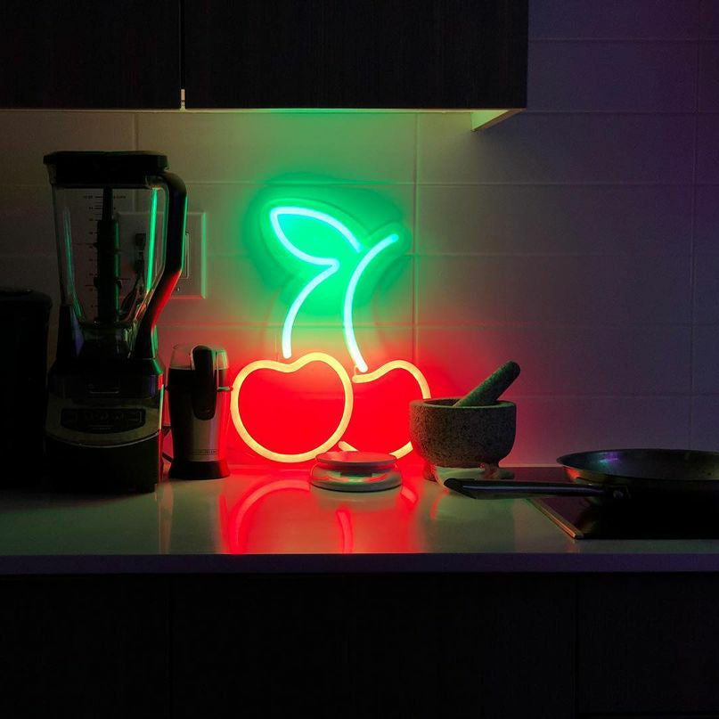 neon cherries sign, cherries neon light