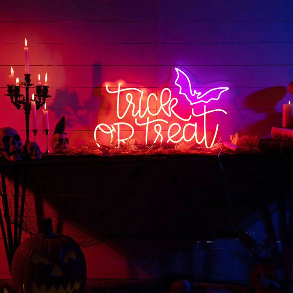 Trick Or Treat Neon Sign, Halloween Decorations, Halloween Neon Sign, Holiday Decorations, Bat Neon Sign